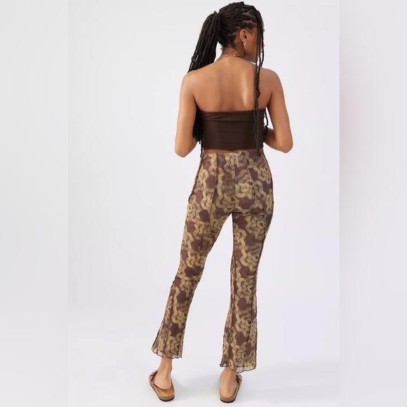 UO Aliza Mesh Overlay Seamed Trouser Pant - Patterned, Brown - Picture 3 of 8